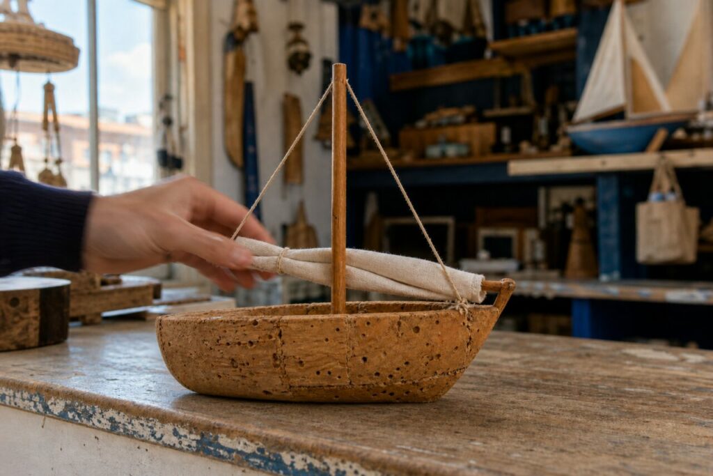 Hand op het opgerolde zeil van een kurken boot
