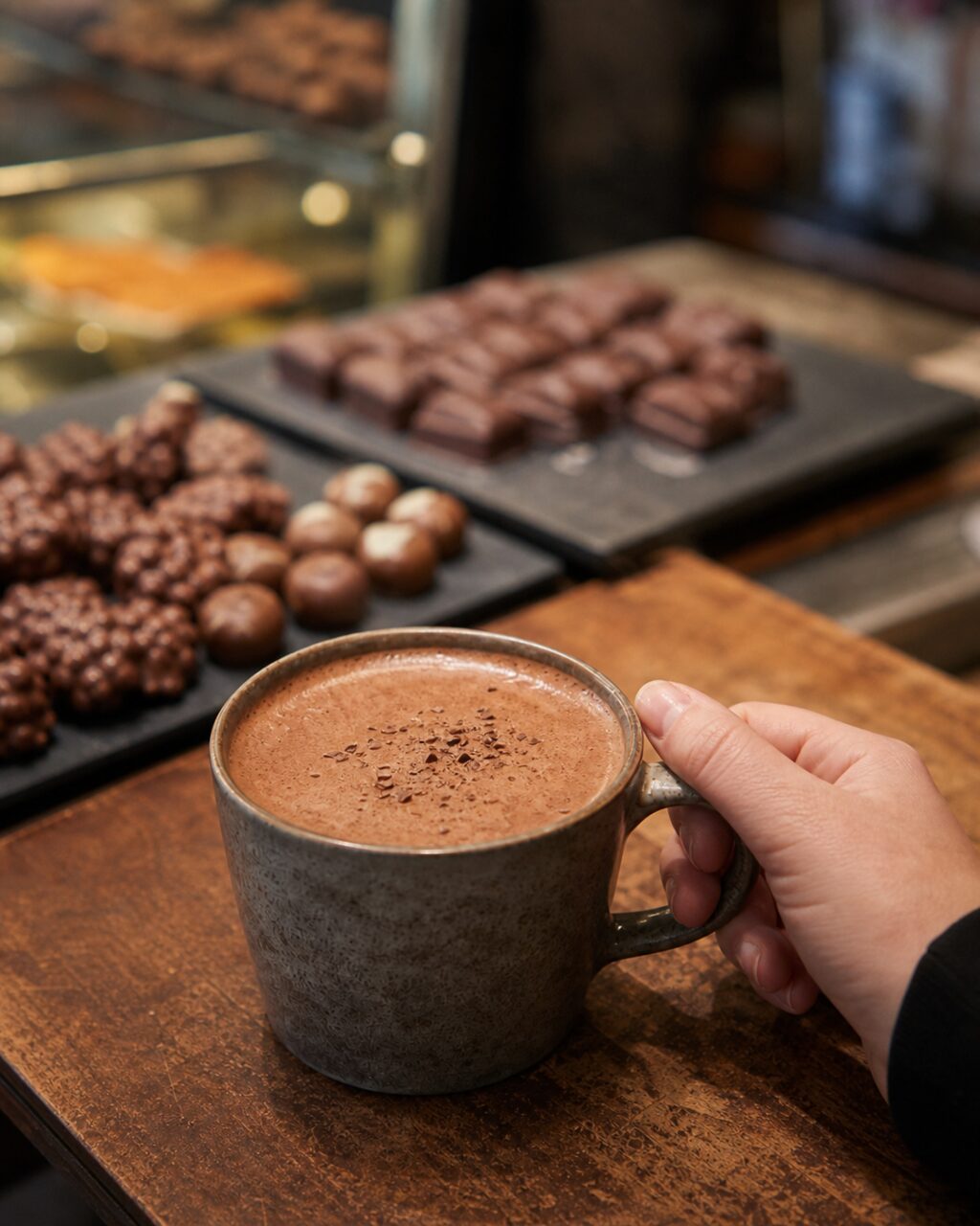 Hand hält eine Tasse mit heißer Schokolade