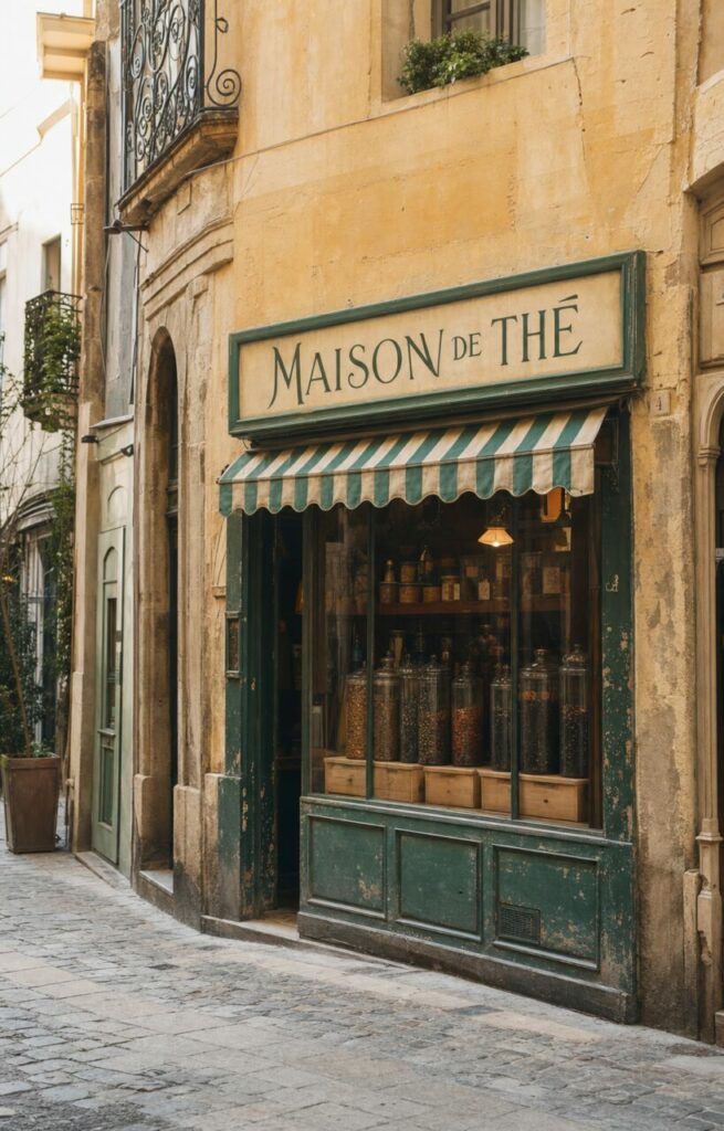 Maison de thé ancienne à Montpellier, façade ocre et bocaux de feuilles derrière l’auvent