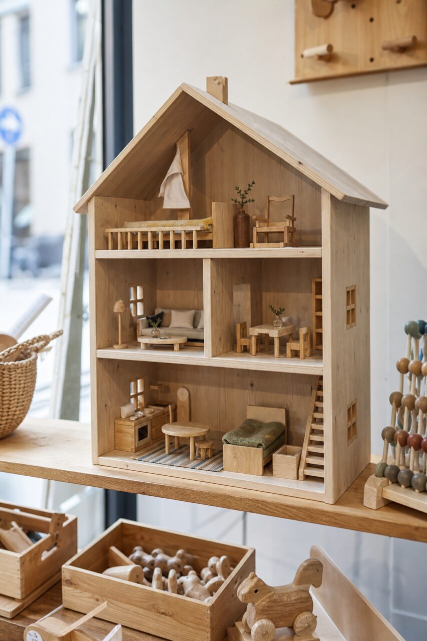 Light wood dollhouse on a display shelf