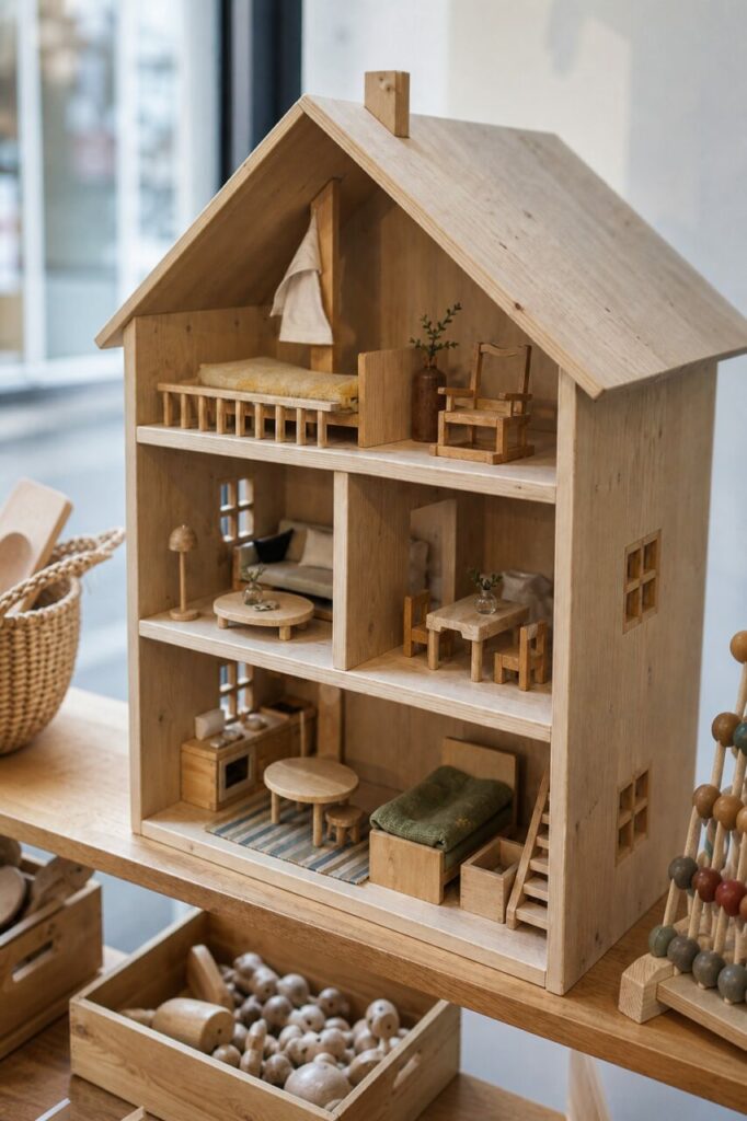 Nahansicht eines möblierten Holzpuppenhauses