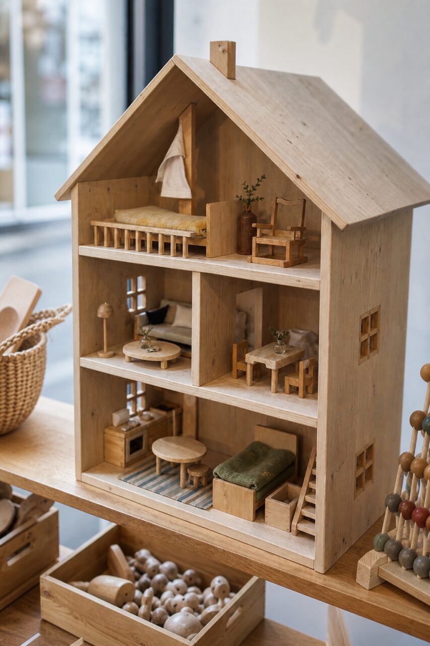 Close view of a furnished wooden dollhouse