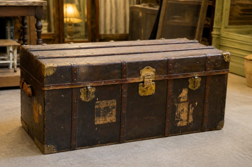 Malle ancienne en cuir brun éclairée de côté avec ferrures métalliques dans une boutique d’antiquités
