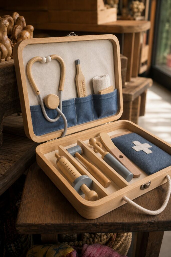 Mallette médicale en bois vue de trois quarts près d’une fenêtre