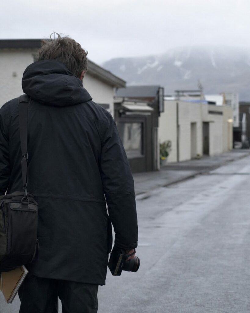 Manteau noir et appareil photo dans un cadrage vertical