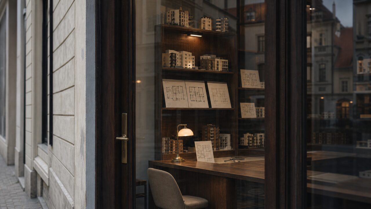 Maquetas de edificios y planos de viviendas en un escaparate de Praga