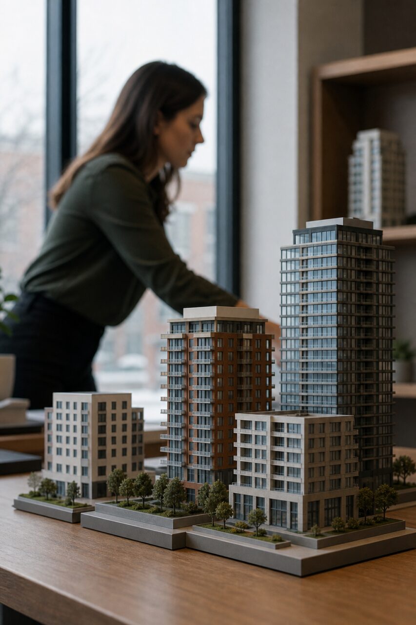 Gebouwmodellen op de voorgrond in een kantoor
