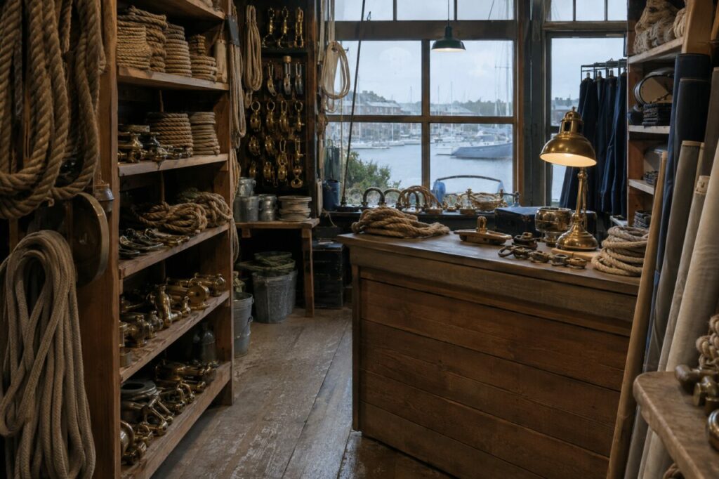 Comptoir d’accastillerie entre cordages et vue sur le port