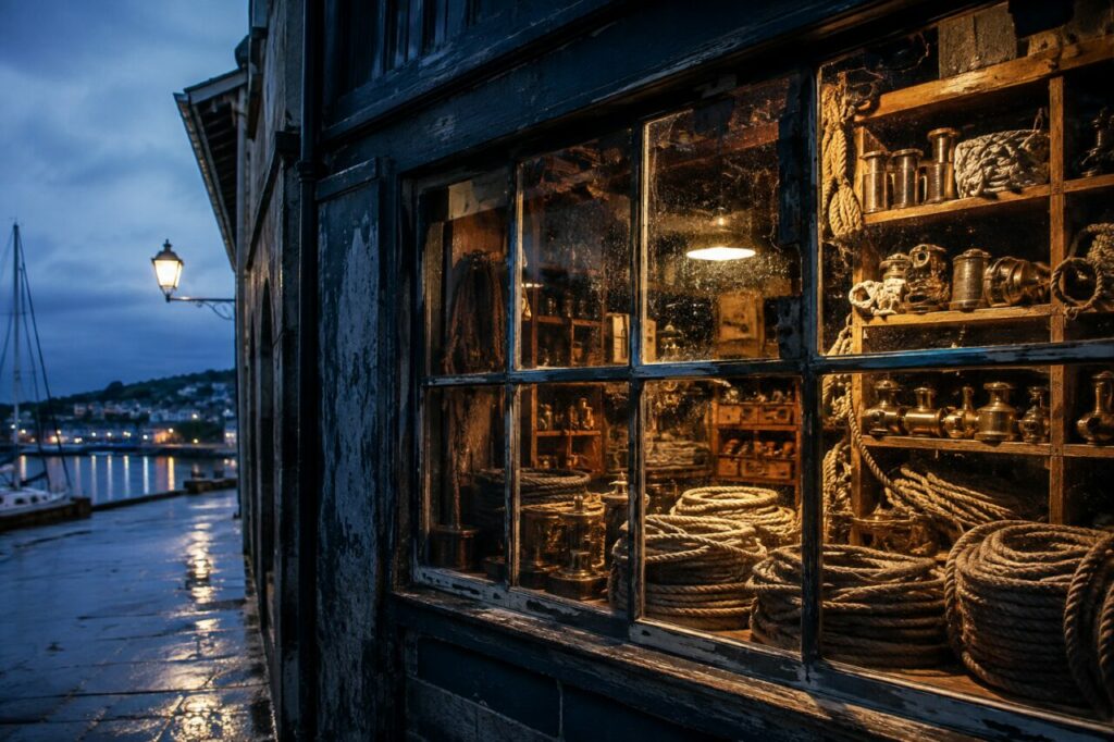 Vitrine d’accastillerie éclairée face au port après la pluie