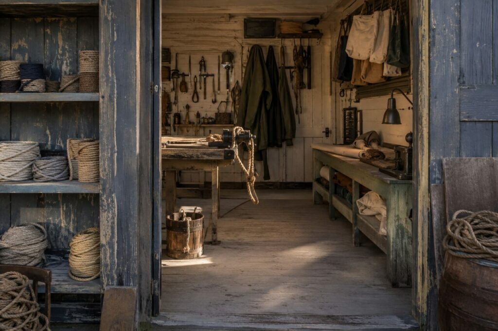 Atelier maritime patiné avec établis, cordages et vêtements suspendus
