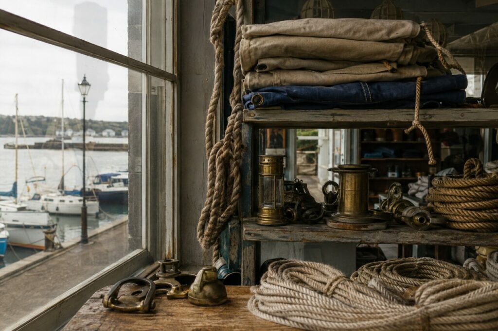 Cordages, toile pliée et objets marins devant une fenêtre sur le port
