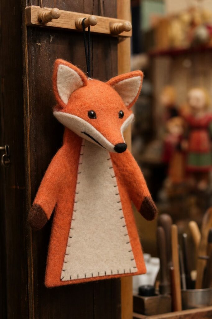 Marionnette renard en feutrine suspendue à une patère
