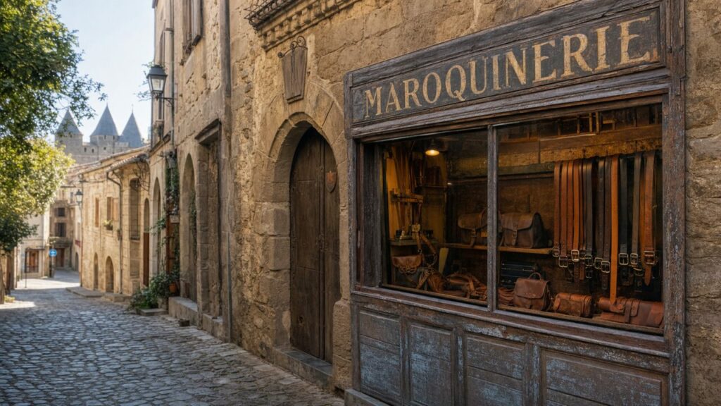 Maroquinerie ancienne à Carcassonne, sacs et ceintures en cuir dans une boutique médiévale