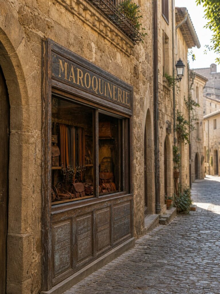 Maroquinerie ancienne de Carcassonne, enseigne en bois et sacs en cuir dans une ruelle pavée
