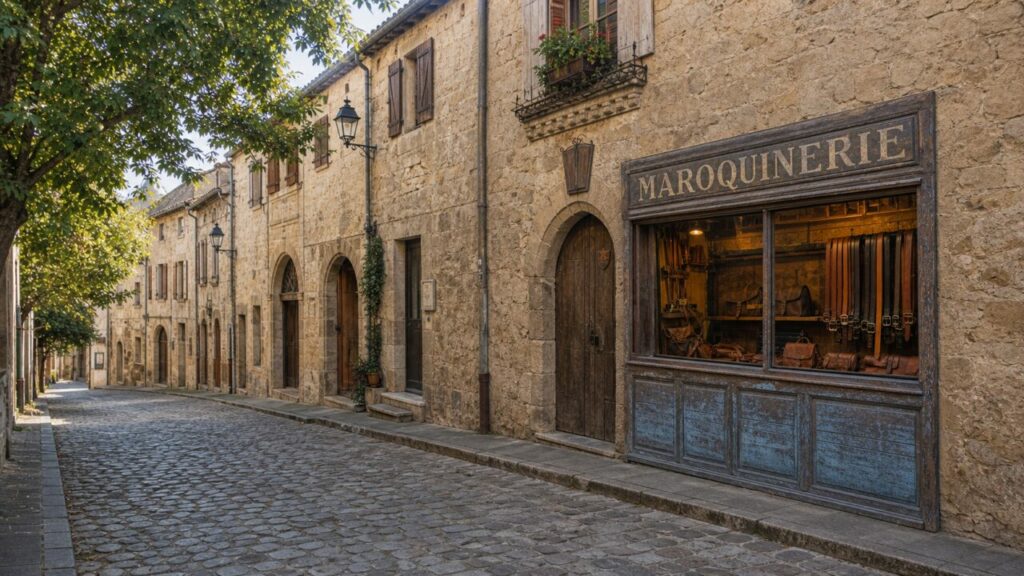 Maroquinerie de Carcassonne dans une rue pavée, longue façade de pierre et accessoires en cuir