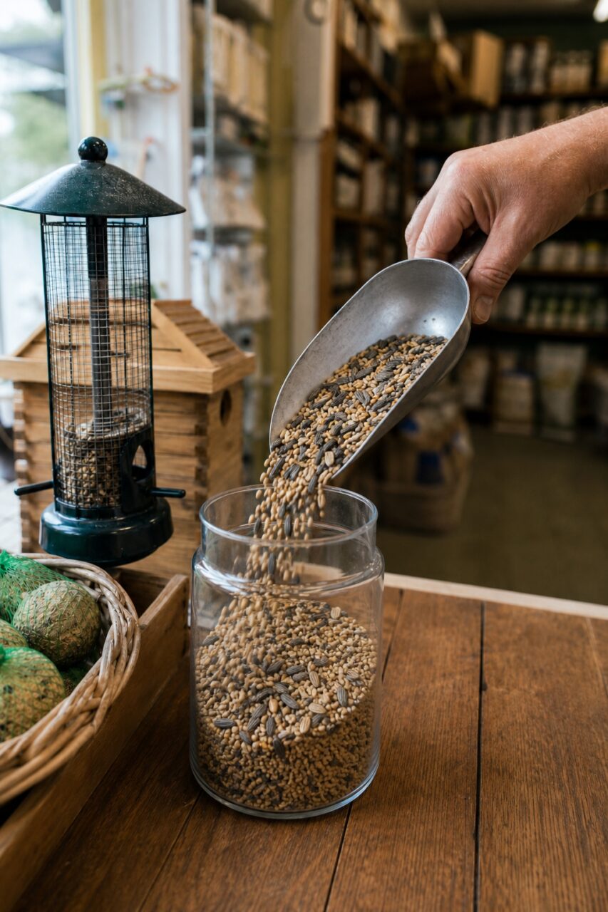Vogelfuttermischung wird neben einem Spender in ein Glas gefüllt