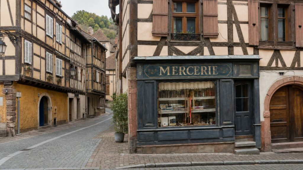Mercerie à Colmar, devanture bleu gris dans une rue à colombages