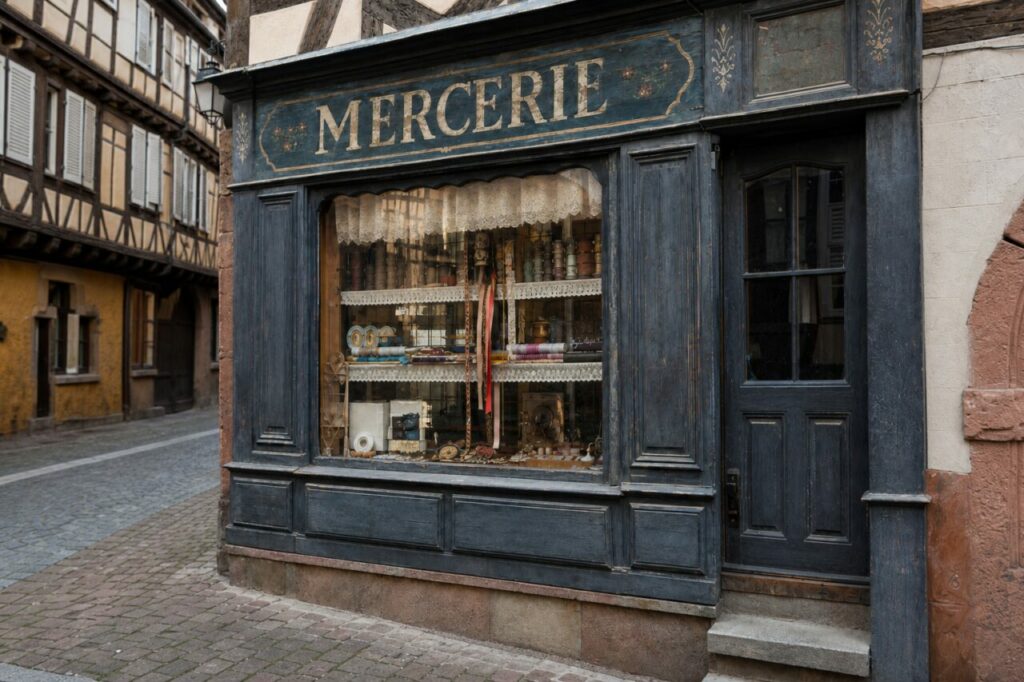 Mercerie ancienne à Colmar, enseigne patinée et étagères de rubans