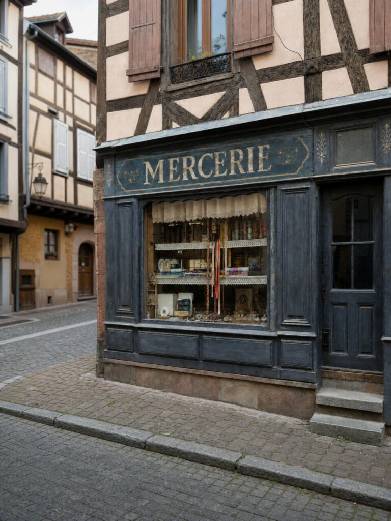 Mercerie de Colmar, façade à colombages et vitrine de fournitures textiles