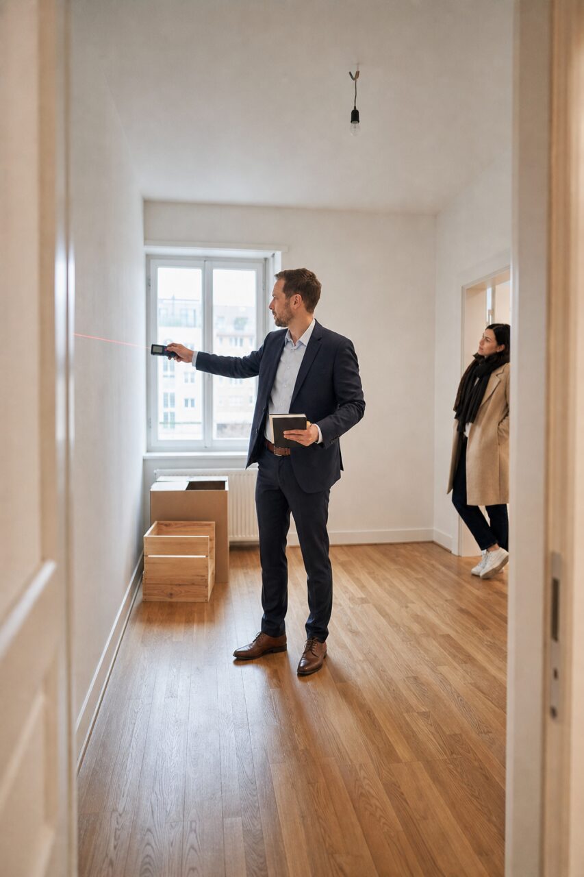 Vermessung einer leeren Wohnung bei einer Besichtigung