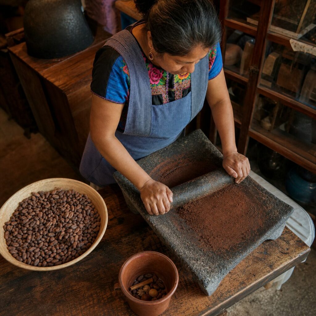 Métate et cacao vus du dessus