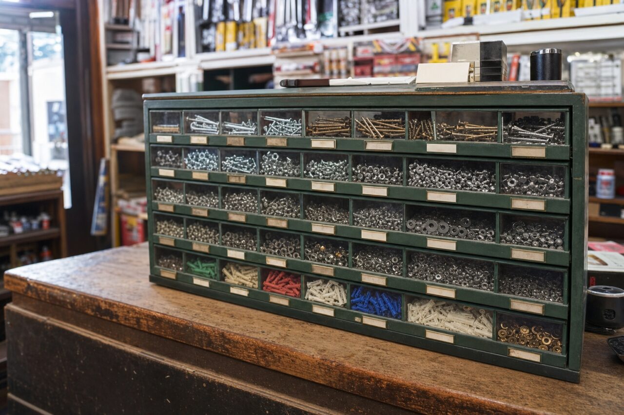 Cassettiera con viti, dadi e rondelle in un negozio di ferramenta