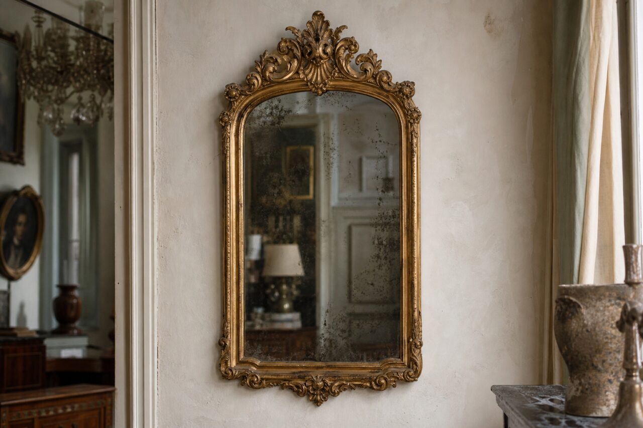Miroir mural ancien doré à fronton sculpté et glace piquée