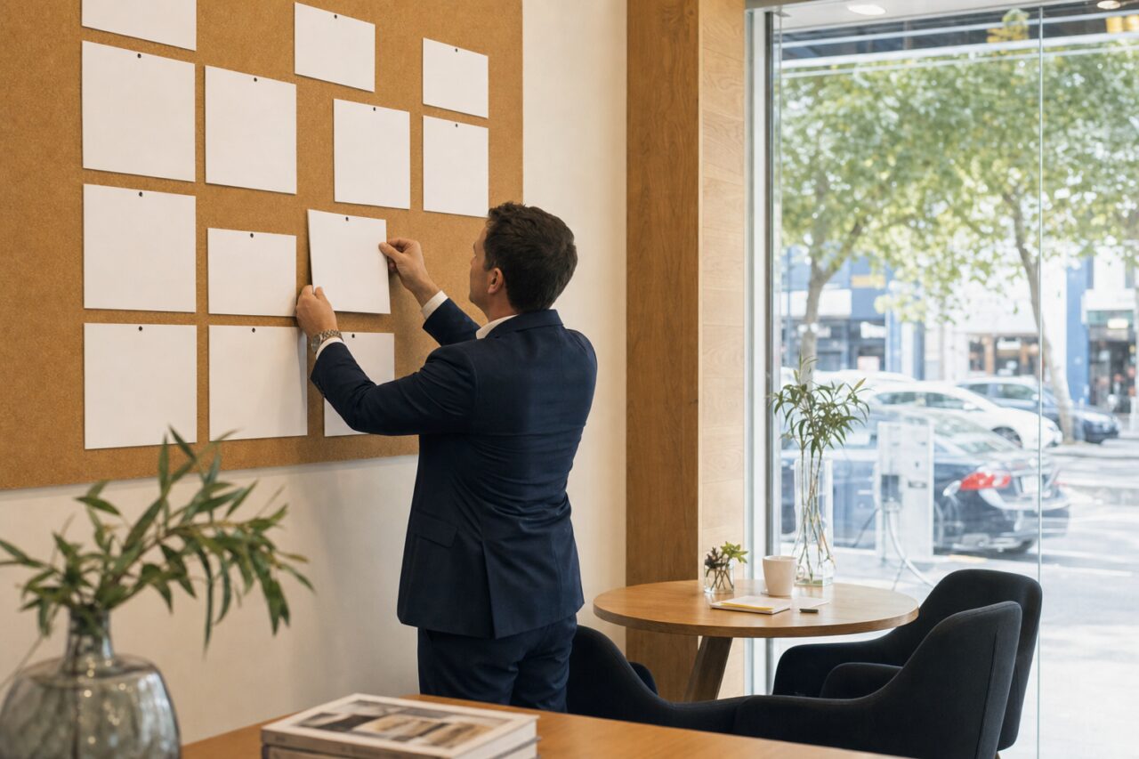 Vorbereitung einer Tafel für ein Immobilienbüro