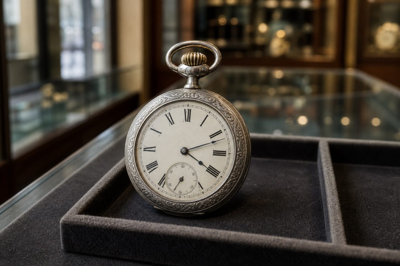 Silver-toned pocket watch with Roman numerals and an engraved bezel