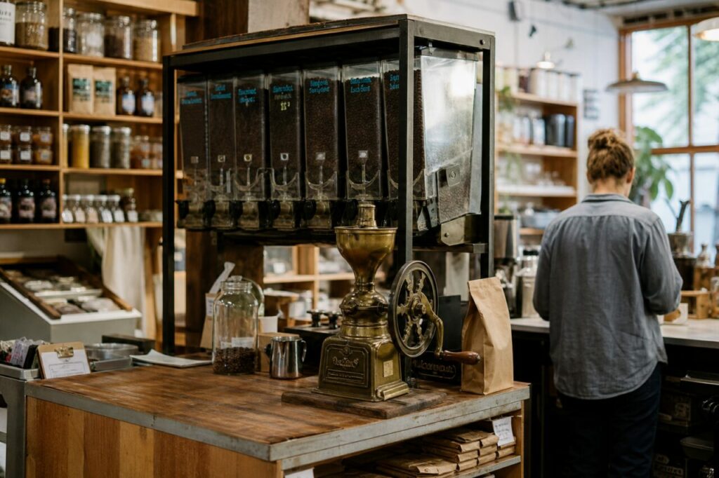 Oude koffiemolen voor dispensers met koffie in bulk