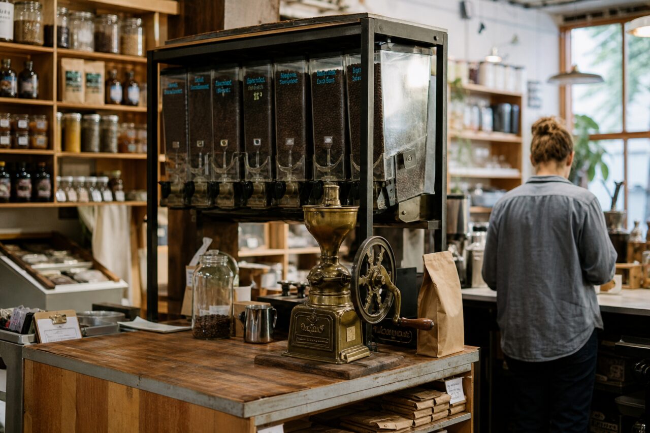 Oude koffiemolen voor dispensers met koffie in bulk