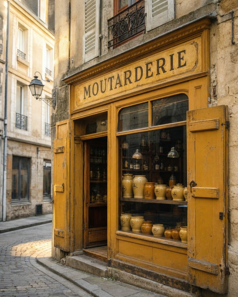 Moutarderie ancienne à Dijon, devanture jaune ocre et pots de moutarde dans une rue pavée
