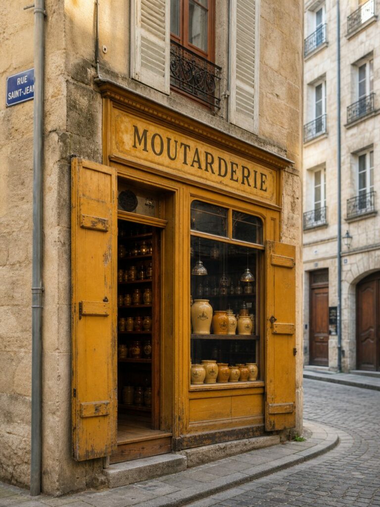 Moutarderie de Dijon sur la rue Saint-Jean, façade jaune et pots alignés en vitrine
