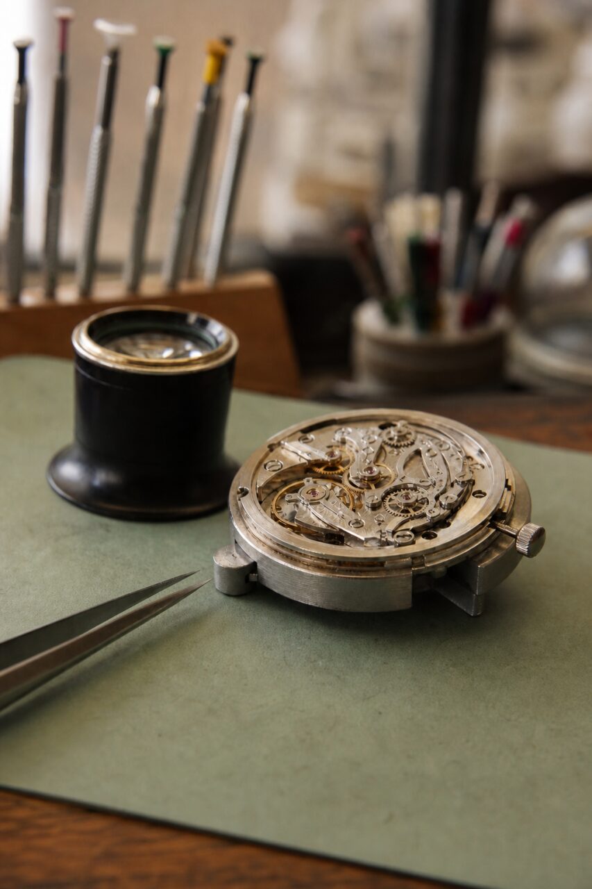 Angled view of an open watch movement