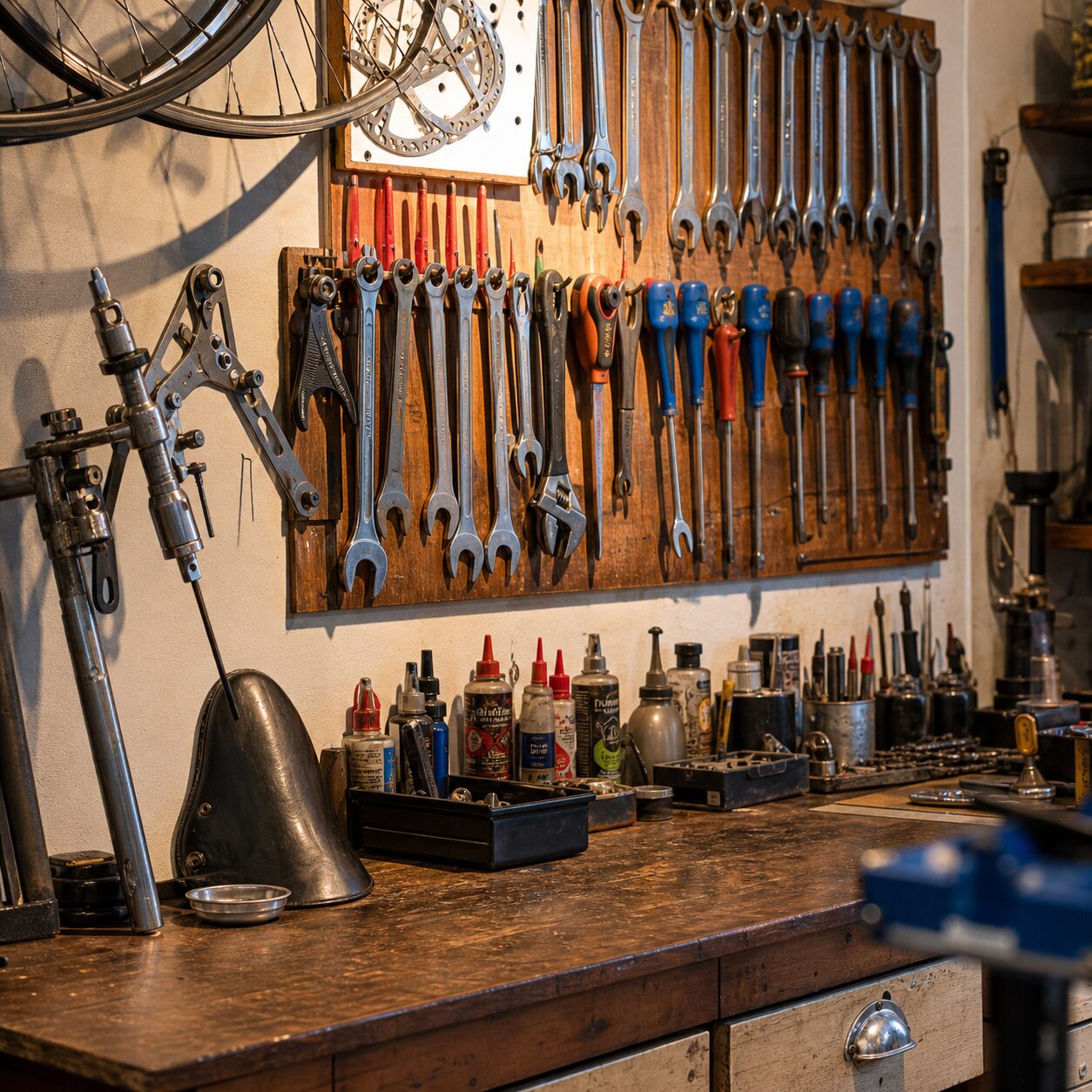 Mur d’outils et établi d’un atelier de réparation de vélos à Milan