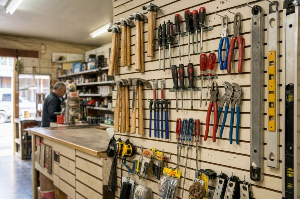 Wand mit Handwerkzeugen über einem Tresen in einem Baumarkt