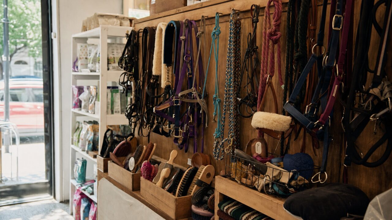Pared de guarnicionería con cabezadas y accesorios para caballos