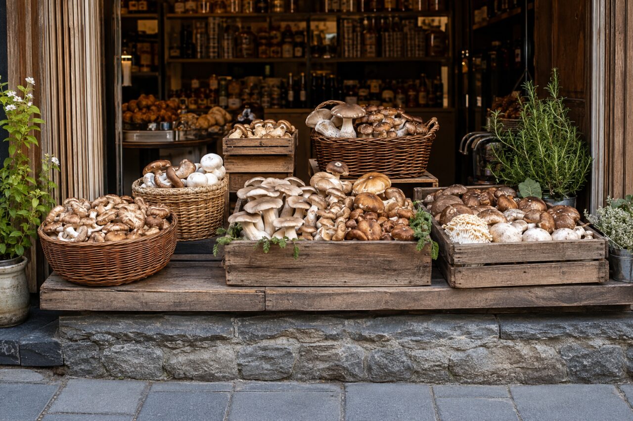 Paniers de champignons variés devant une épicerie spécialisée