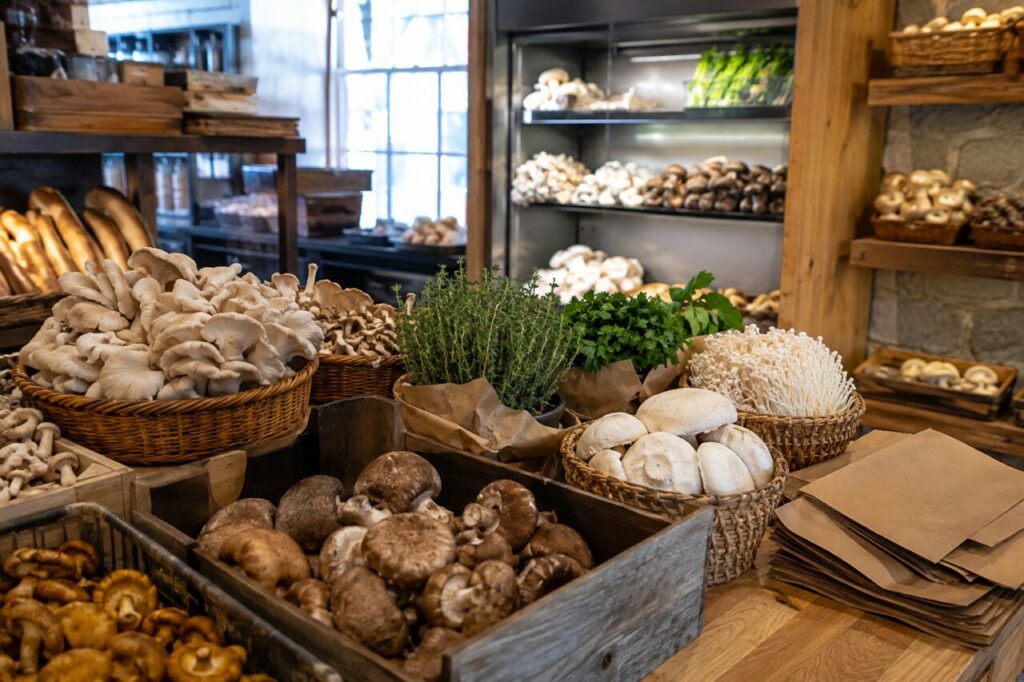 Étal intérieur de champignons frais avec herbes et sacs en papier
