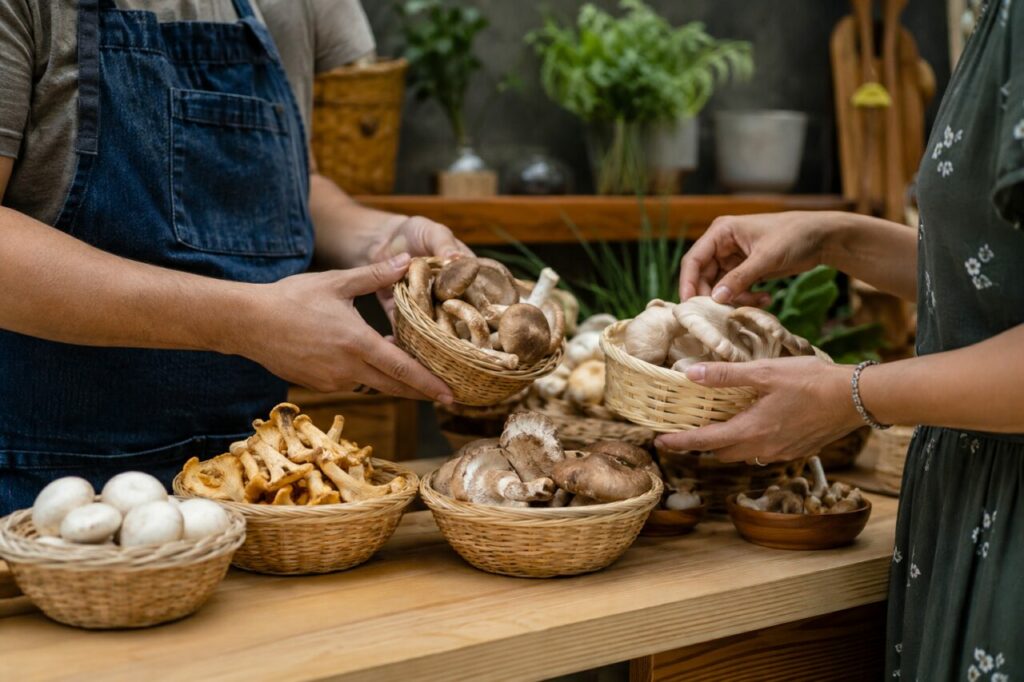 Au comptoir de la boutique, paniers de shiitakés et de pleurotes