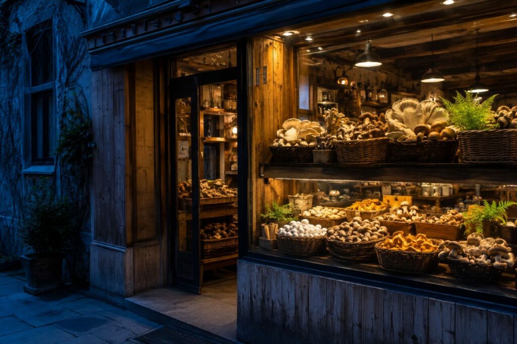 Vitrine éclairée de champignons assortis au crépuscule