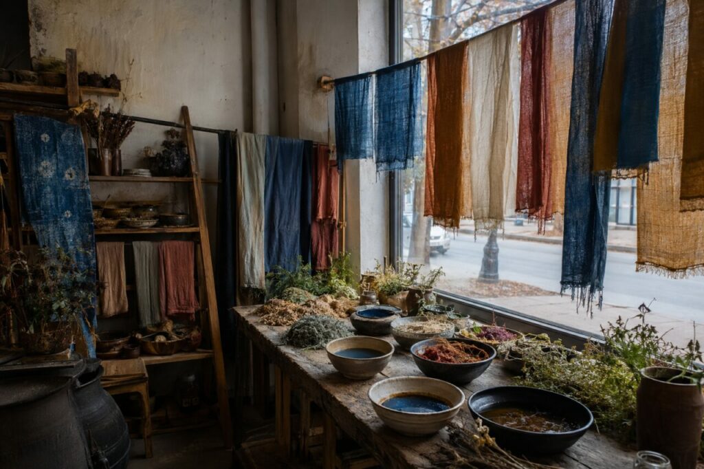 Étoffes colorées suspendues dans un atelier de teinture naturelle lumineux