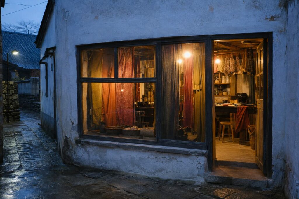 Devanture éclairée d’un atelier de teinture naturelle sous la pluie du soir