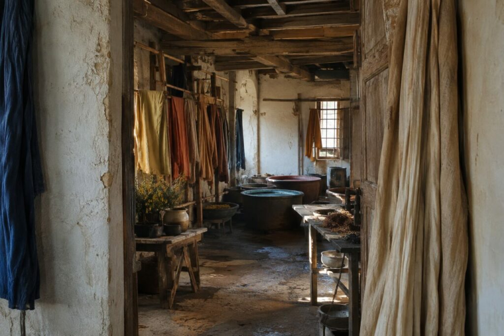 Cuves sombres et étoffes colorées dans un atelier artisanal de teinture naturelle