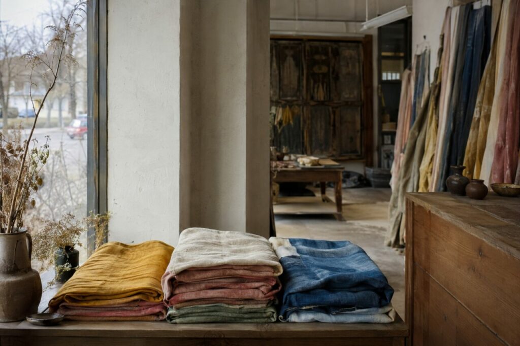 Textiles colorés pliés dans la boutique lumineuse d’un atelier de teinture naturelle
