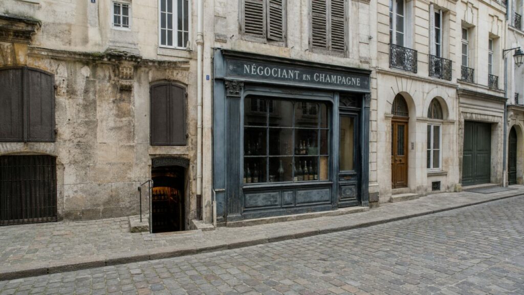 Négociant en champagne à Reims, façade bleue et cave ouverte sur une rue pavée