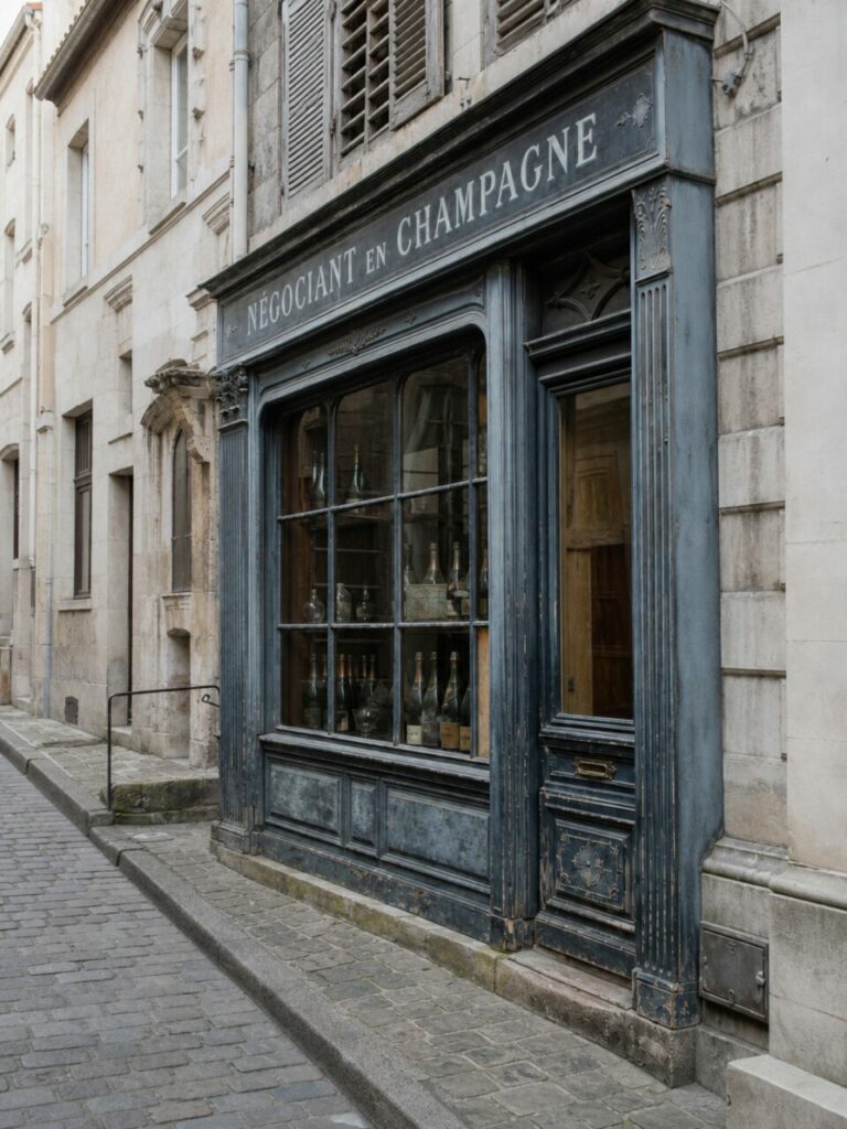 Négociant en champagne à Reims, façade bleue et bouteilles vues depuis le côté