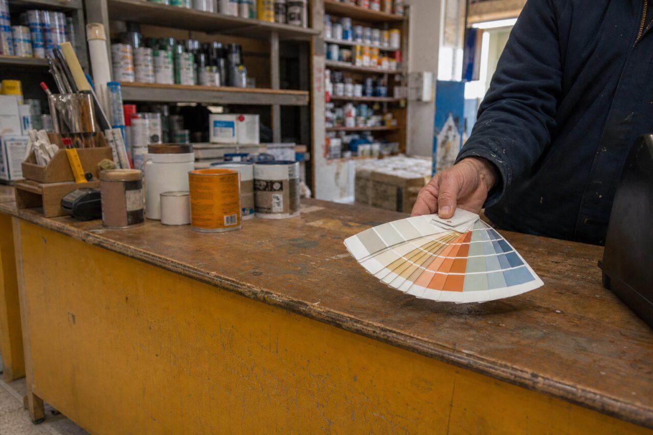 Nuancier au bout d’un long comptoir chargé de pots