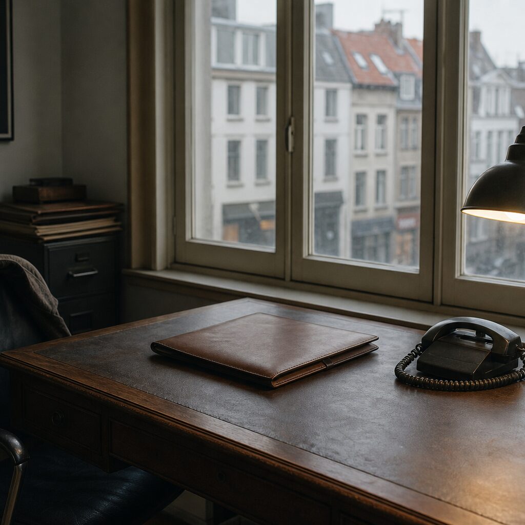 Objet rectangulaire brun et téléphone sur une table au format carré
