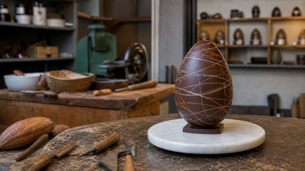 Œuf en chocolat dans l’atelier